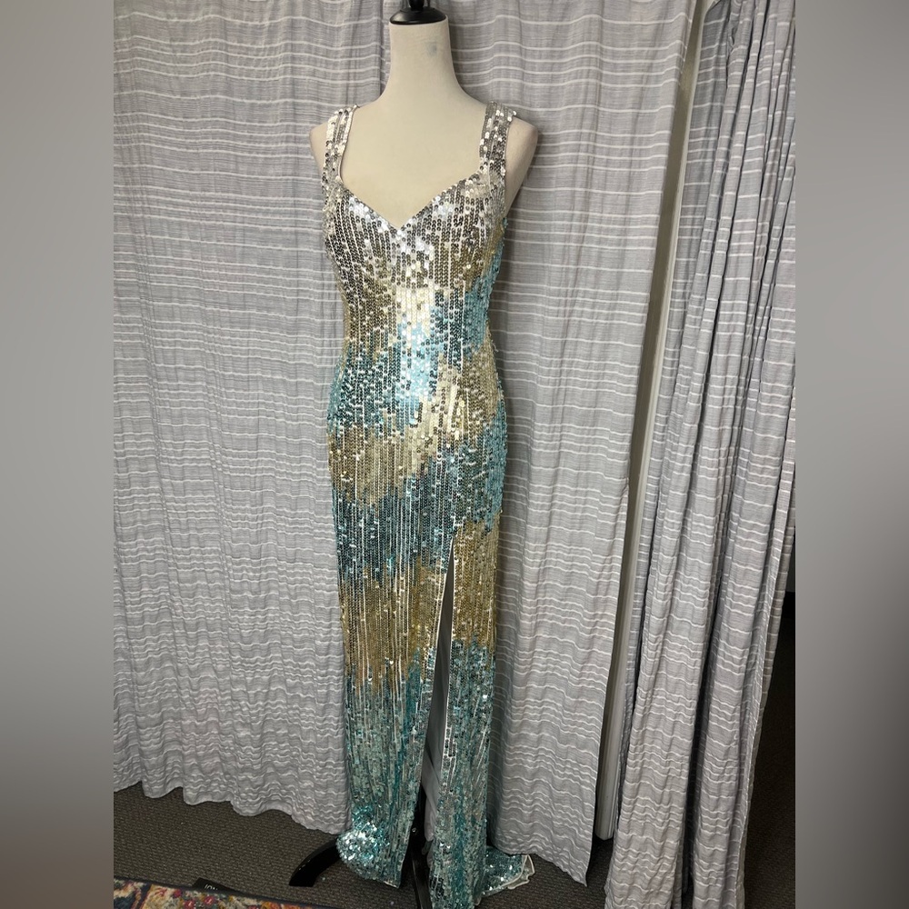 Primavera Couture Sequin Prom Dress in Silver and Gold